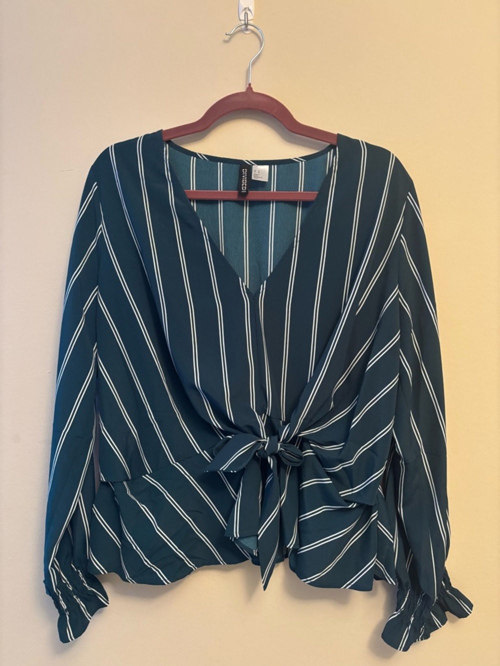 H&M Dark Green and White Striped Tie-Front Blouse
